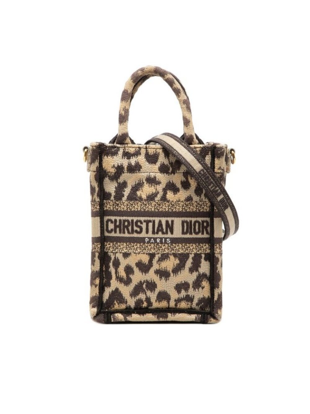 Dior Leopard Book Tote Vertical Mini 2-Way Shoulder Bag Beige Brown Canvas